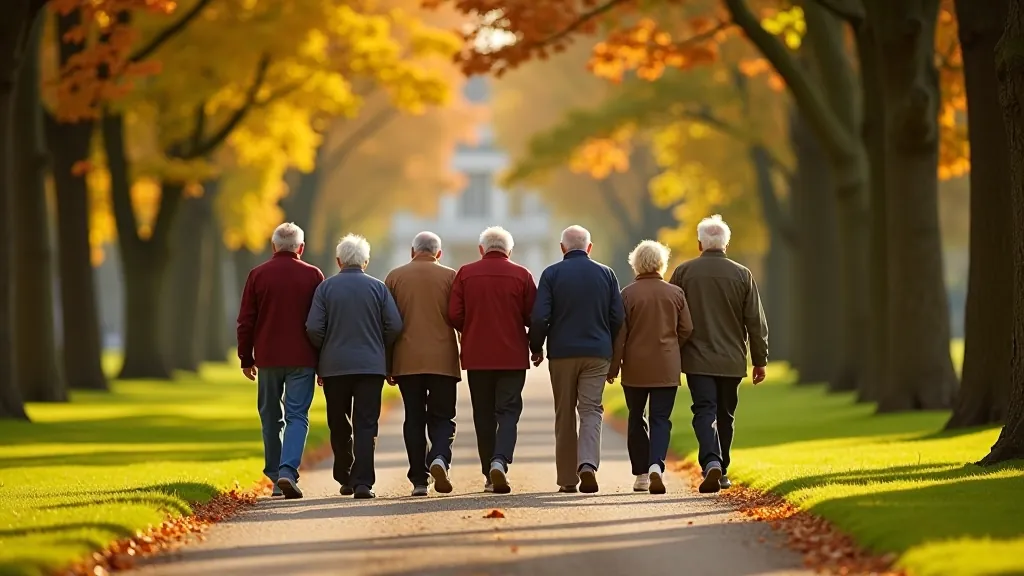 Group of retirees walking through Phoenix Park with historical buildings in background