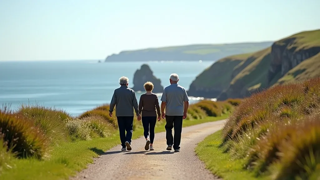 Coastal path with seniors enjoying sea views and heritage information signs