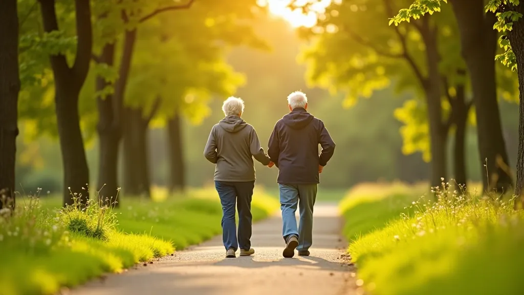 Group of seniors walking together through a green park trail