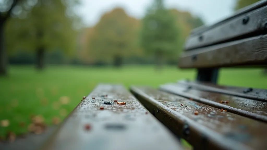 Close-up of park bench with weathered wood texture, rainy day with soft grey light and wet grass in background