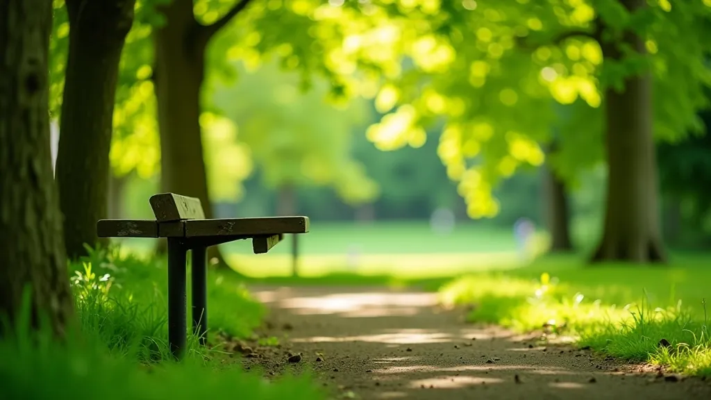 Close-up photo of a wooden park bench under the shade of mature trees in Phoenix Park, surrounded by green foliage and peaceful natural setting