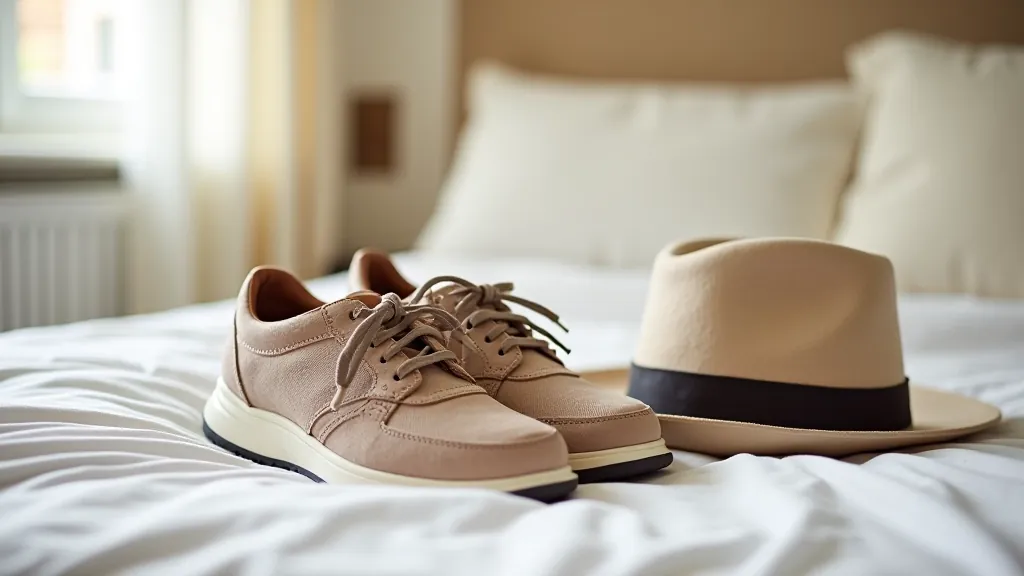 Comfortable walking shoes and walking accessories laid out on a light background