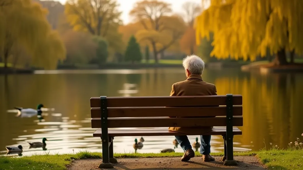 Wooden park bench with soft cushion facing toward a pond with ducks and autumn trees