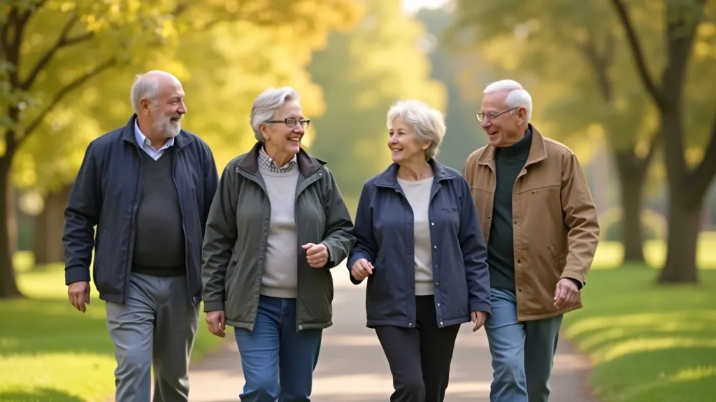 Group of happy older adults walking together on a Dublin trail, smiling and chatting, demonstrating social connection and community walking