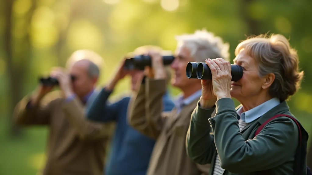 Retirees bird watching and using binoculars during a nature walk in Phoenix Park