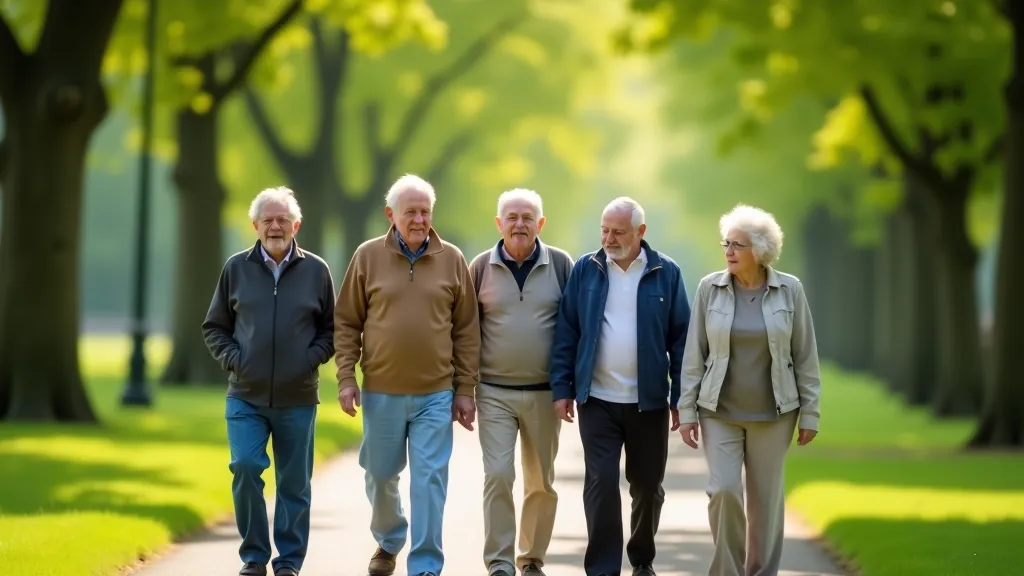 Group of seniors chatting while walking on tree-lined park path