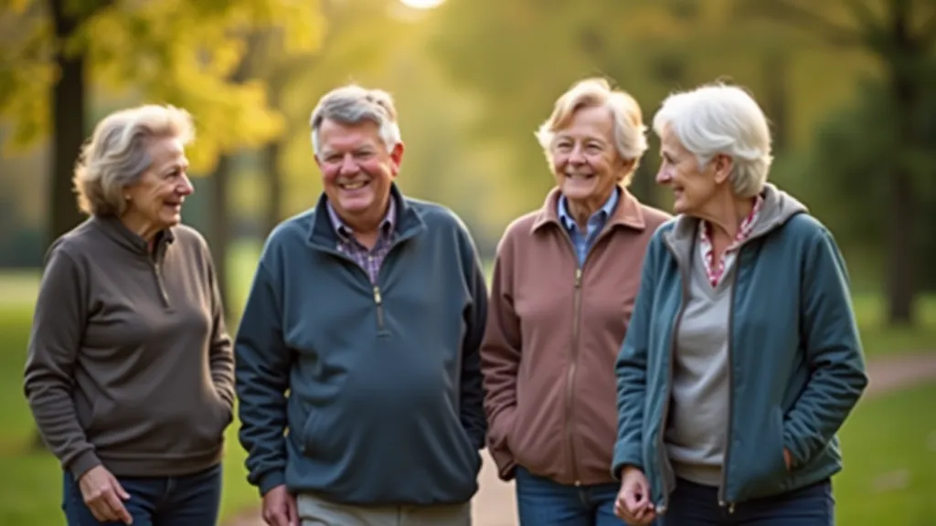 Mature adults gathered at park entrance before organized walk, morning light