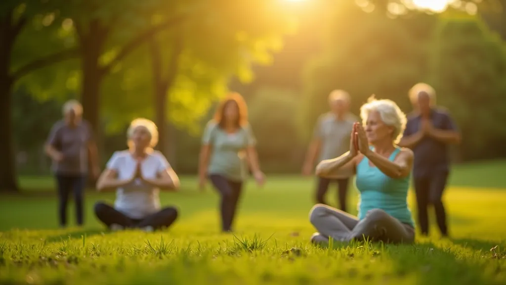 Wellness walking group doing breathing exercises in a peaceful park setting