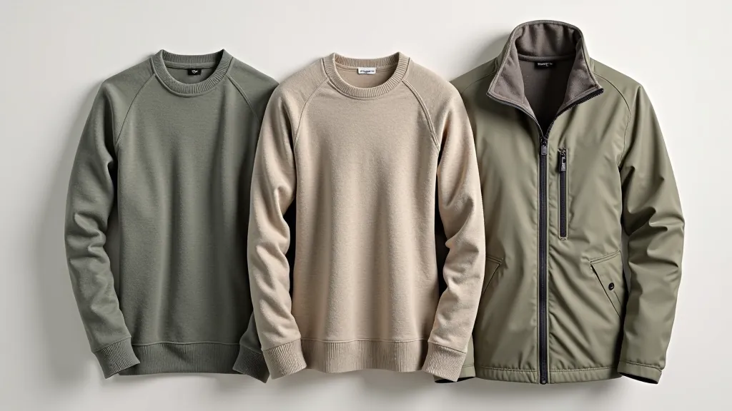 Layered clothing items arranged flat showing base layer, mid-layer, and light jacket for weather protection