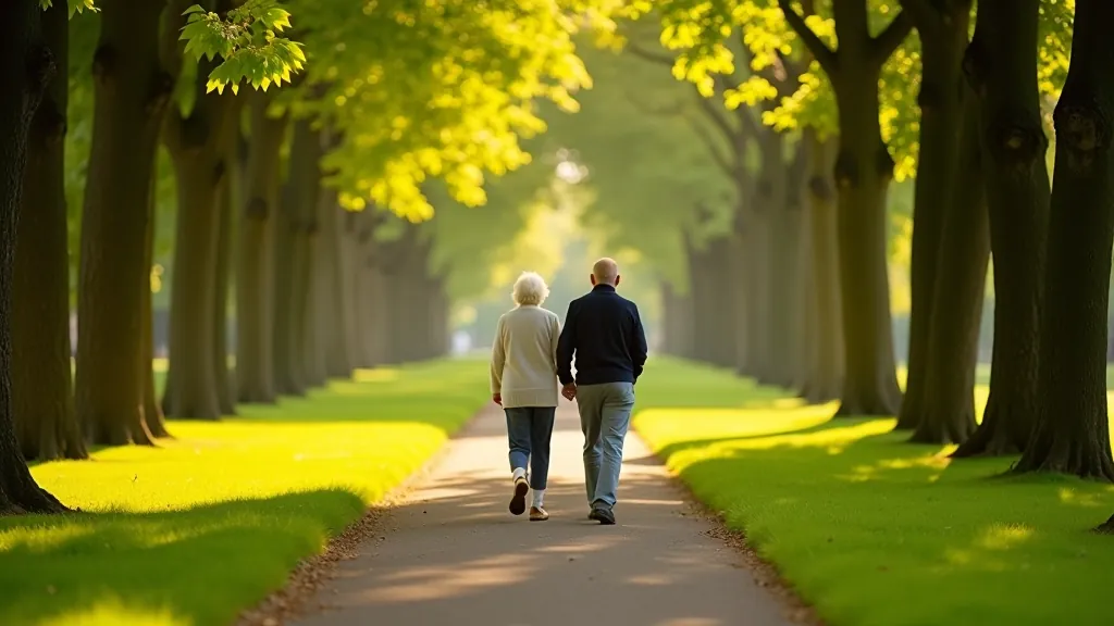 Mature couple aged 60 enjoying a gentle walk through Phoenix Park on a sunny day