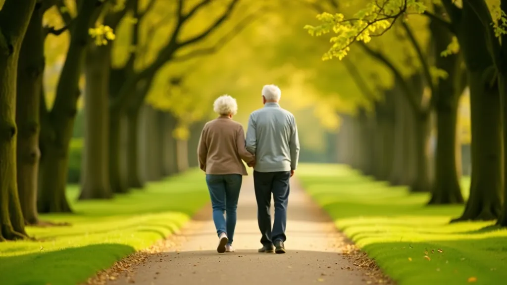 Seniors enjoying a leisurely walk through a scenic green park with tree-lined paths