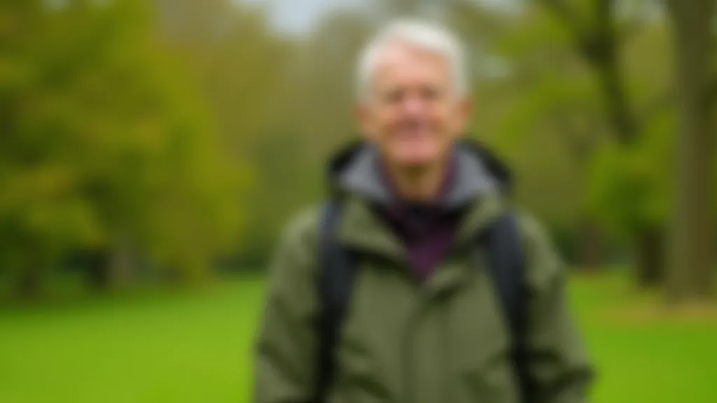 Senior person wearing appropriate weather gear standing in Phoenix Park with green landscape visible behind