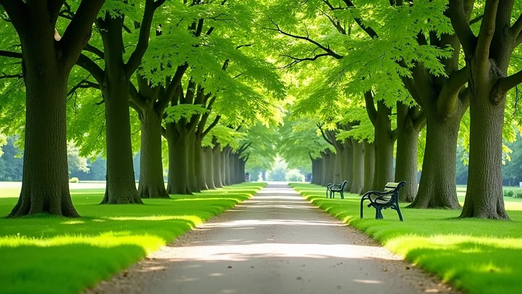 Tree-lined walking path in Phoenix Park with benches nestled among green foliage and dappled sunlight