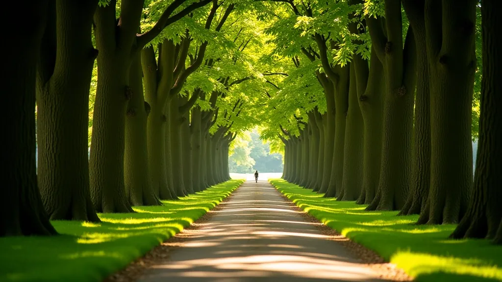 Tree-lined avenue pathway in Phoenix Park with dappled sunlight filtering through canopy