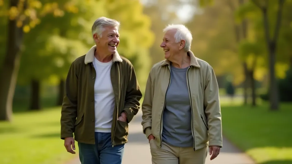 Two mature adults aged 65 walking together on a park path, smiling and enjoying conversation