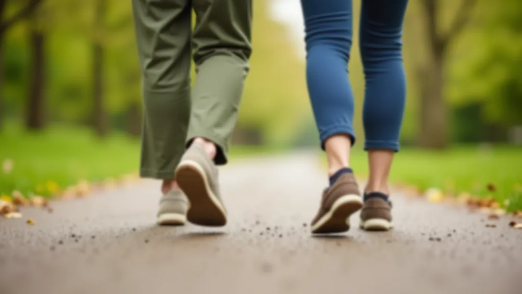 Close-up of two walkers' feet on park path, comfortable shoes visible