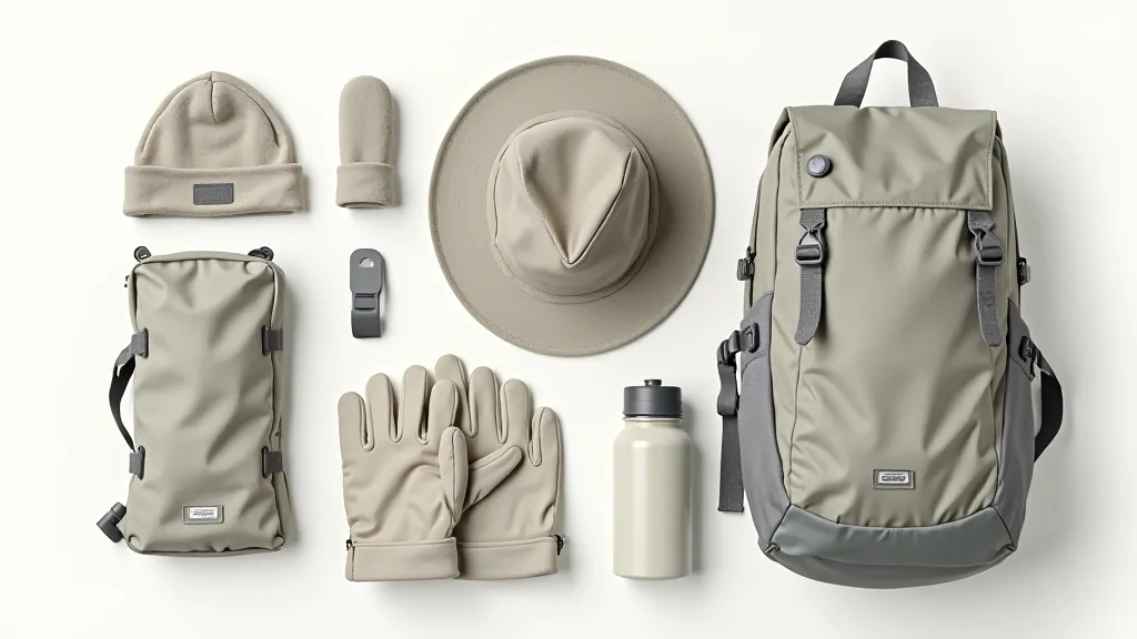 Collection of walking accessories including hat, lightweight gloves, small backpack, and walking poles arranged on neutral surface