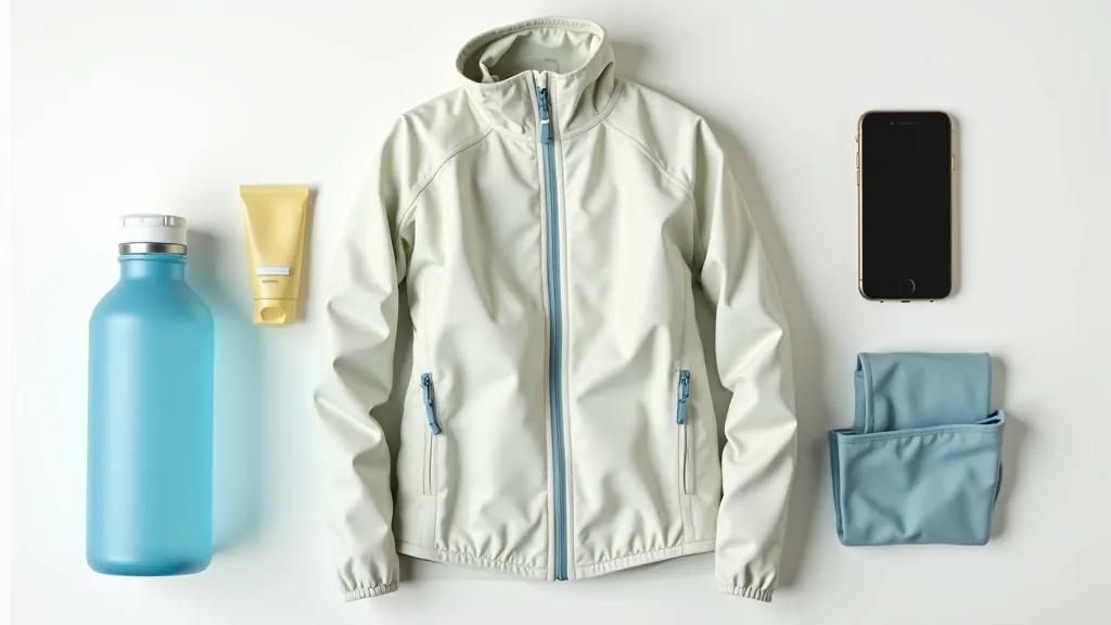 Flat lay arrangement of walking essentials including water bottle, sunscreen, light jacket, and phone on neutral background
