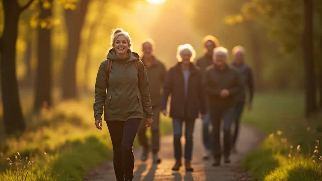 Síle O'Connell leading a group of older adults on a gentle walking trail through Dublin Phoenix Park on a sunny afternoon
